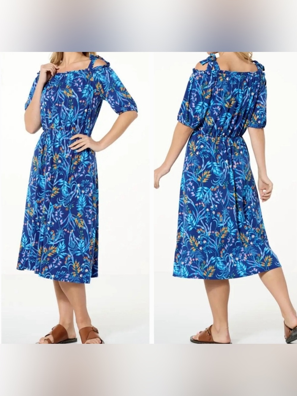 C. Wonder Blue Floral Off-Shoulder Midi Dress with Tie Shoulders